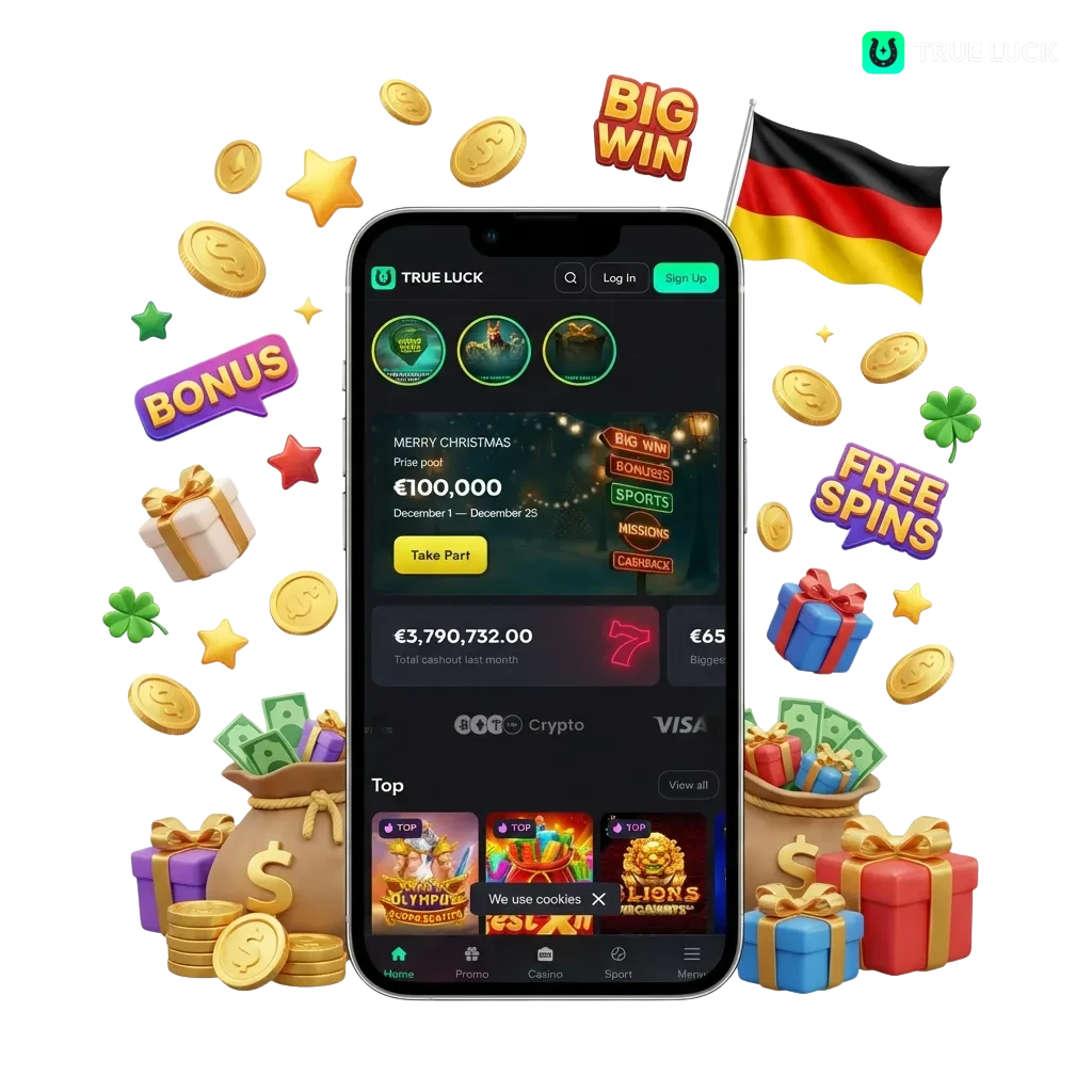 TrueLuck App download screen showing casino, sports betting, and payment options with welcome bonus offers